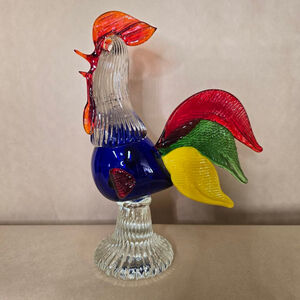 Large Art Glass Rooster Figurine Multicolor Blue Body Murano Style Pedestal 10"